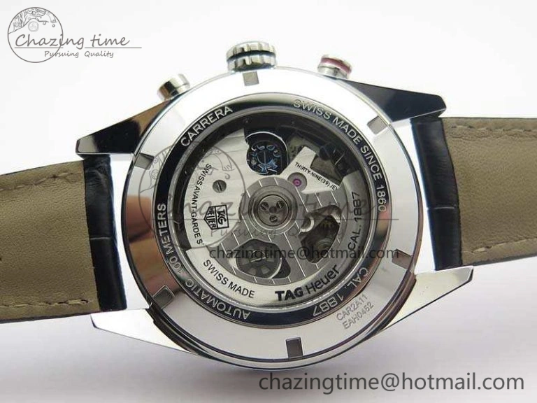Contemporary Carrera Calibre 1887 Day-Date SS V6F 1:1 Best Edition Ceramic Bezel Black Dial On Leather Strap A 9690