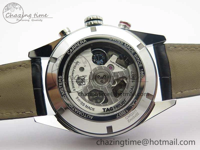 Contemporary Carrera Calibre 1887 Day-Date SS V6F 1:1 Best Edition Ceramic Bezel Black Dial On Leather Strap A 9690