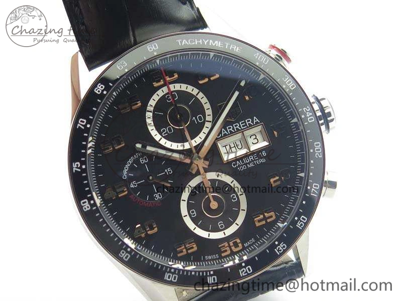 Contemporary Carrera Calibre 1887 Day-Date SS V6F 1:1 Best Edition Ceramic Bezel Black Dial On Leather Strap A 9690