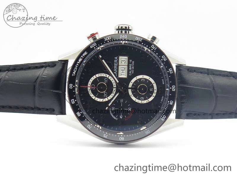 Contemporary Carrera Calibre 1887 Day-Date SS V6F 1:1 Best Edition Ceramic Bezel Black Dial On Leather Strap A 9690