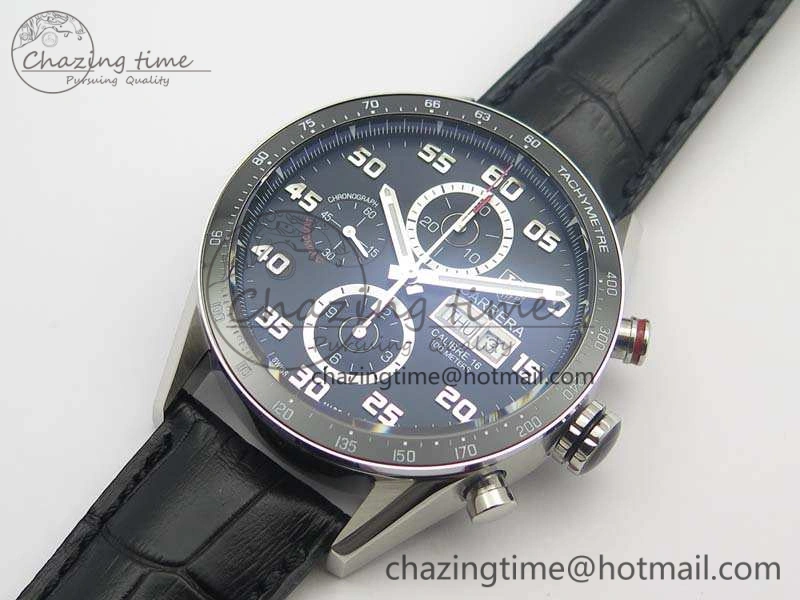 Contemporary Carrera Calibre 1887 Day-Date SS V6F 1:1 Best Edition Ceramic Bezel Black Dial On Leather Strap A 9690