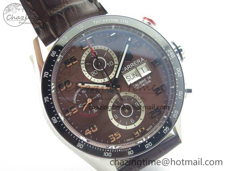 Youthful Carrera Calibre 1887 Day-Date SS V6F 1:1 Best Edition Ceramic Bezel Brown Dial On Leather Strap A 9691