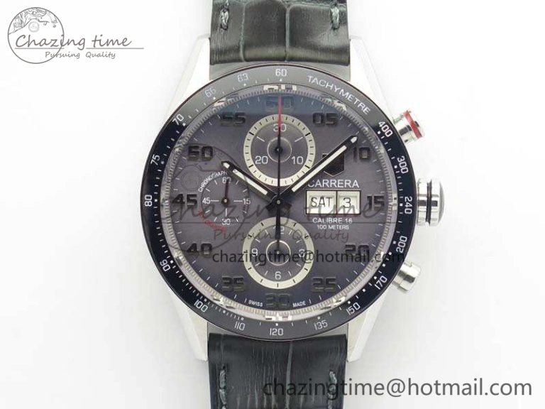 Carrera Calibre 1887 Day-Date SS V6F 1:1 Best Edition Ceramic Bezel Gray Dial On Leather Strap A Fashionable 9689