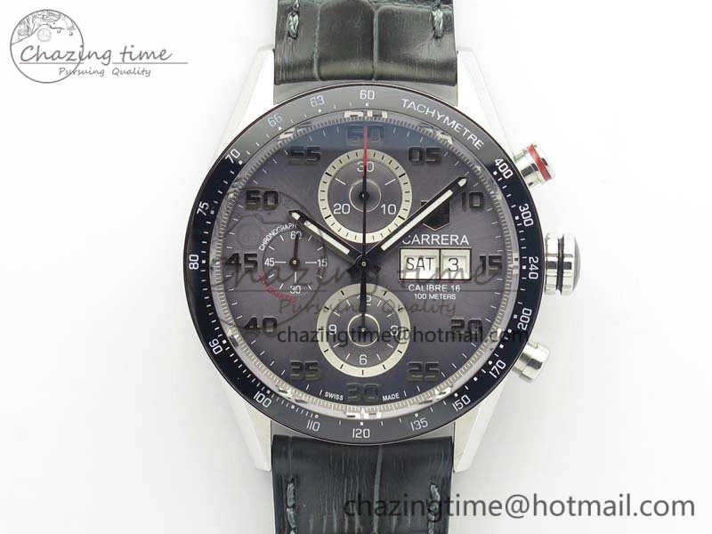 Carrera Calibre 1887 Day-Date SS V6F 1:1 Best Edition Ceramic Bezel Gray Dial On Leather Strap A Fashionable 9689