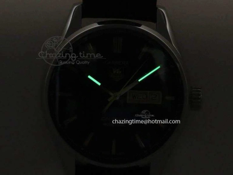 TechFriendly Carrera Day-Date Automatic SS Black Dial On Black Leather Strap A 9693