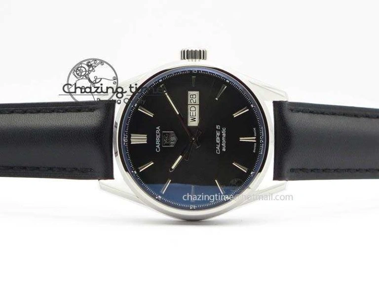 TechFriendly Carrera Day-Date Automatic SS Black Dial On Black Leather Strap A 9693