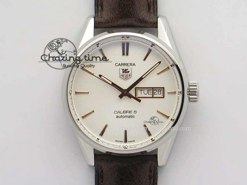 DailyWear Carrera Day-Date Automatic SS White Dial RG Markers On Brown Leather Strap A 9696