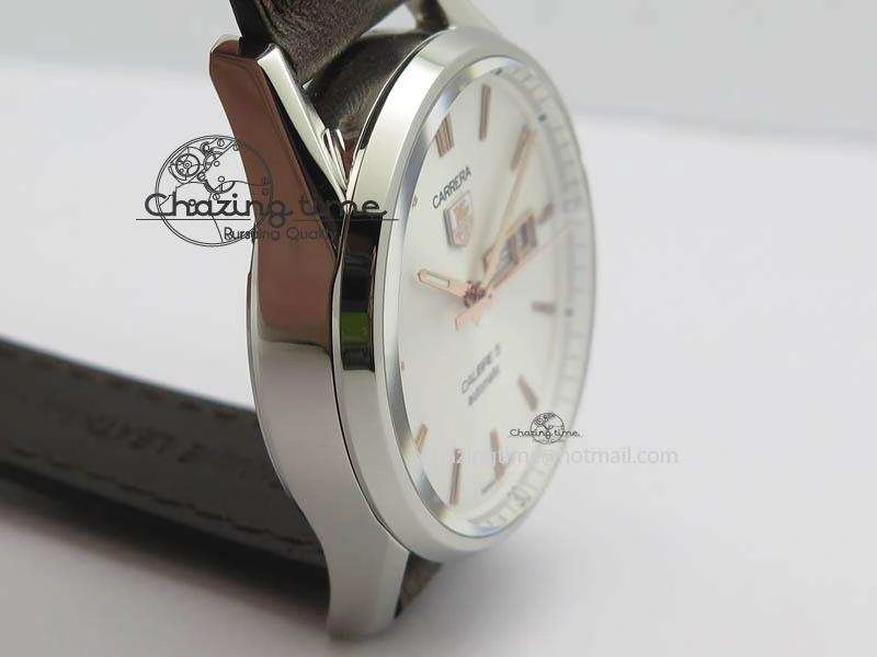 DailyWear Carrera Day-Date Automatic SS White Dial RG Markers On Brown Leather Strap A 9696