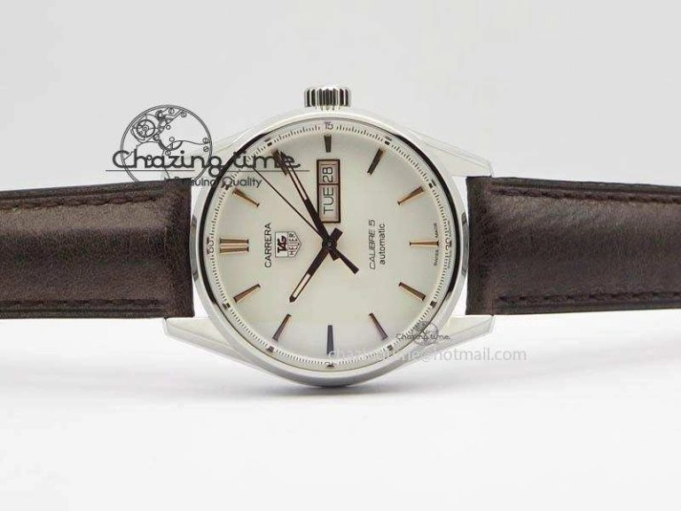DailyWear Carrera Day-Date Automatic SS White Dial RG Markers On Brown Leather Strap A 9696
