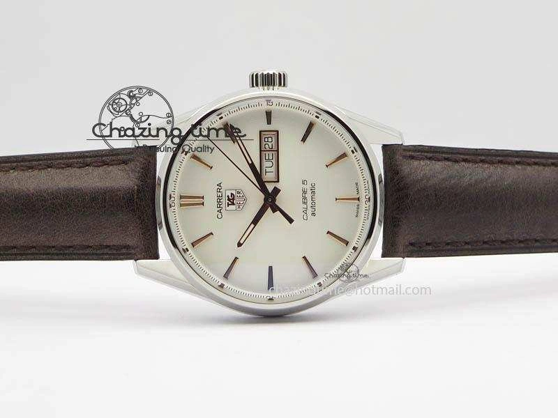 DailyWear Carrera Day-Date Automatic SS White Dial RG Markers On Brown Leather Strap A 9696