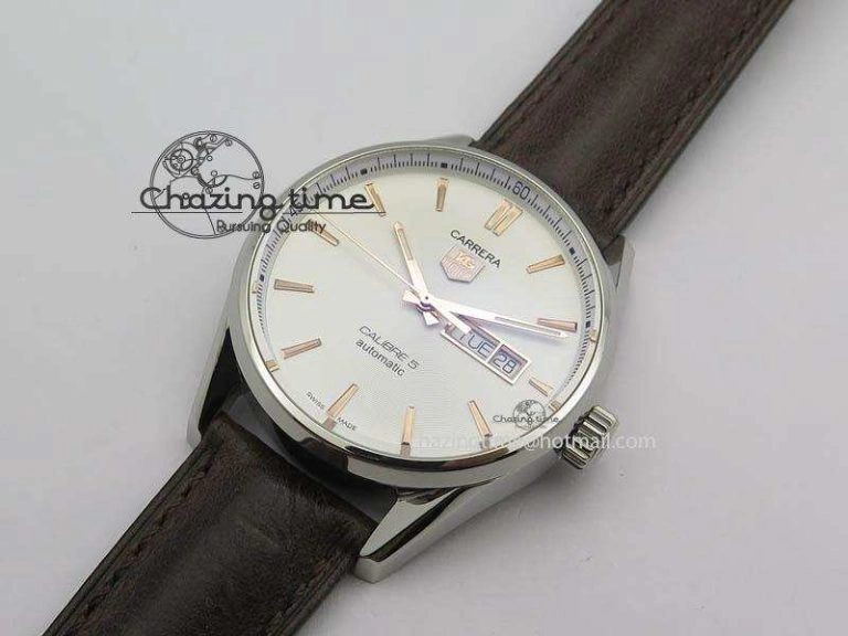 DailyWear Carrera Day-Date Automatic SS White Dial RG Markers On Brown Leather Strap A 9696