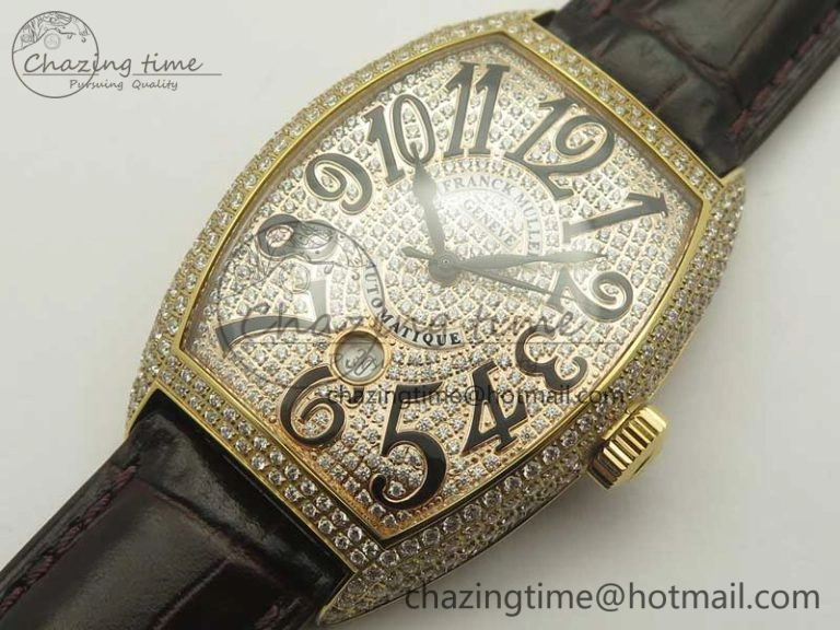 Casablanca 8880 Automatique RG GF 1:1 Best Edition Full Diamonds on Brown Leather Strap A WeatherProof 6584