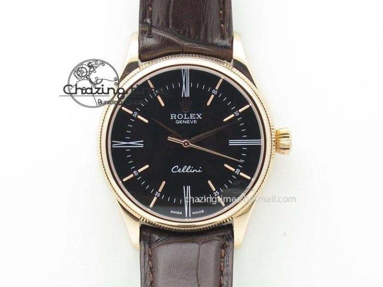 Vibrant Cellini 50505 RG Black Dial on Brown Leather Strap A2824 BP Maker 4047