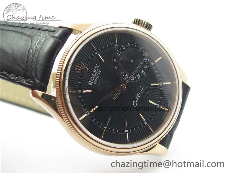 Resilient Cellini 50519 Real Date RG BP Maker Best Edition Black Dial Stick Markers on Black Leather Strap SA 3088