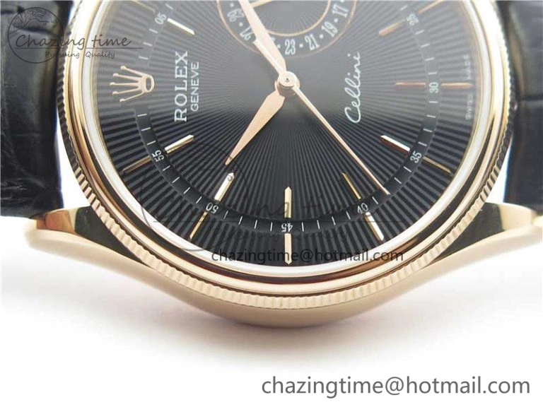 Resilient Cellini 50519 Real Date RG BP Maker Best Edition Black Dial Stick Markers on Black Leather Strap SA 3088