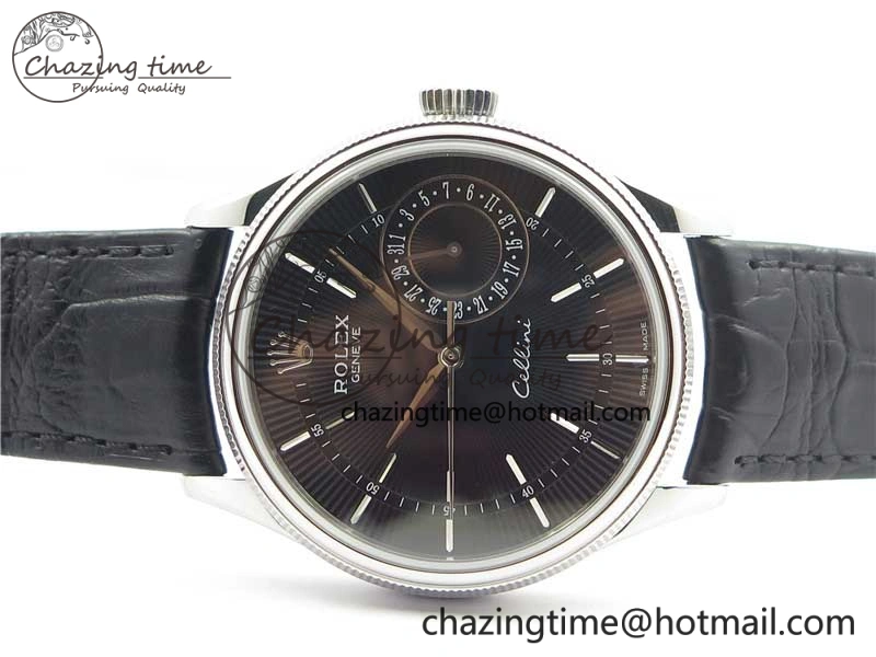 SmoothTexture Cellini 50519 Real Date SS BP Maker Best Edition Black Dial Sticks Markers on Black Leather Strap SA 3087