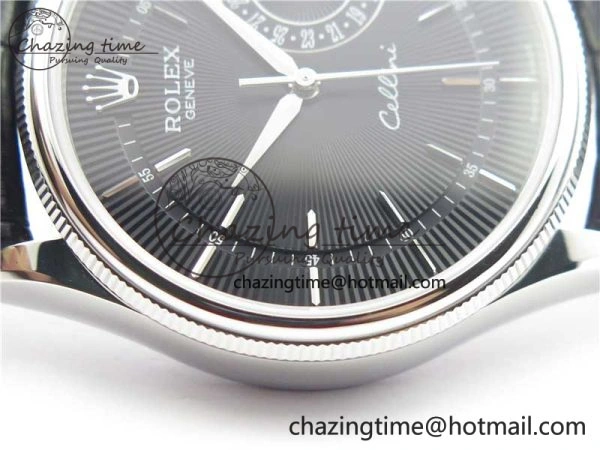 SmoothTexture Cellini 50519 Real Date SS BP Maker Best Edition Black Dial Sticks Markers on Black Leather Strap SA 3087