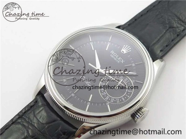 SmoothTexture Cellini 50519 Real Date SS BP Maker Best Edition Black Dial Sticks Markers on Black Leather Strap SA 3087
