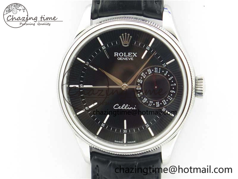 SmoothTexture Cellini 50519 Real Date SS BP Maker Best Edition Black Dial Sticks Markers on Black Leather Strap SA 3087