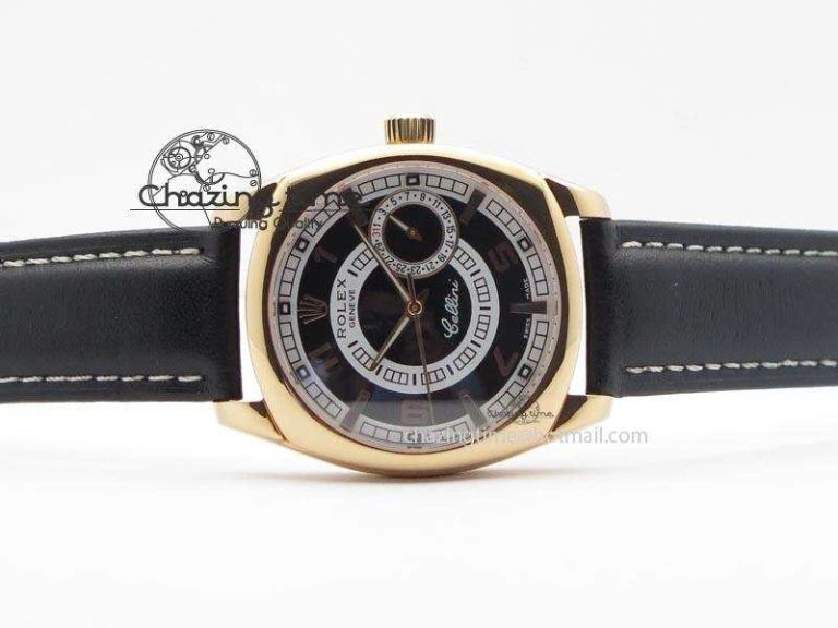 Upgraded Cellini Date RG Black Dial Numeral And Stick Markers On Black Leather Strap A 3875