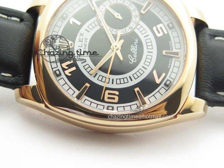 Upgraded Cellini Date RG Black Dial Numeral And Stick Markers On Black Leather Strap A 3875