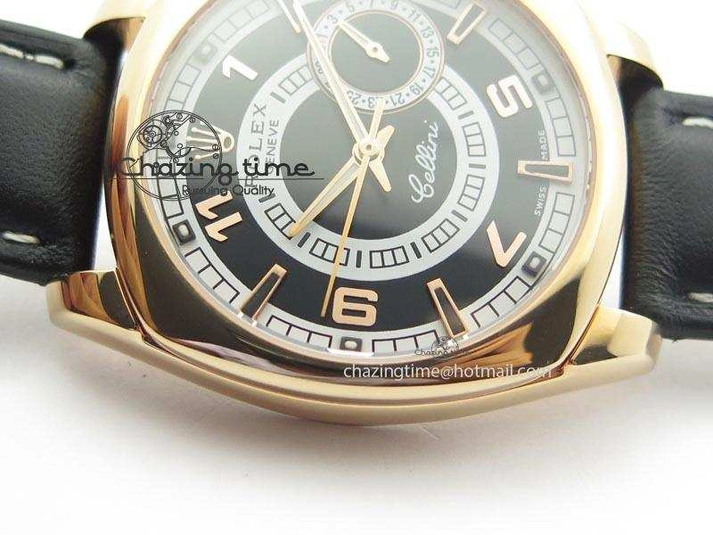 Upgraded Cellini Date RG Black Dial Numeral And Stick Markers On Black Leather Strap A 3875