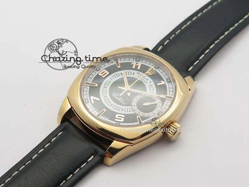 Upgraded Cellini Date RG Black Dial Numeral And Stick Markers On Black Leather Strap A 3875