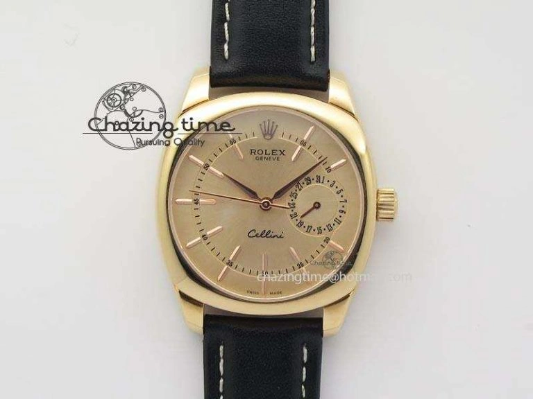 WrinkleFree Cellini Date RG Rose Gold Dial Stick Markers On Black Leather Strap A 3873