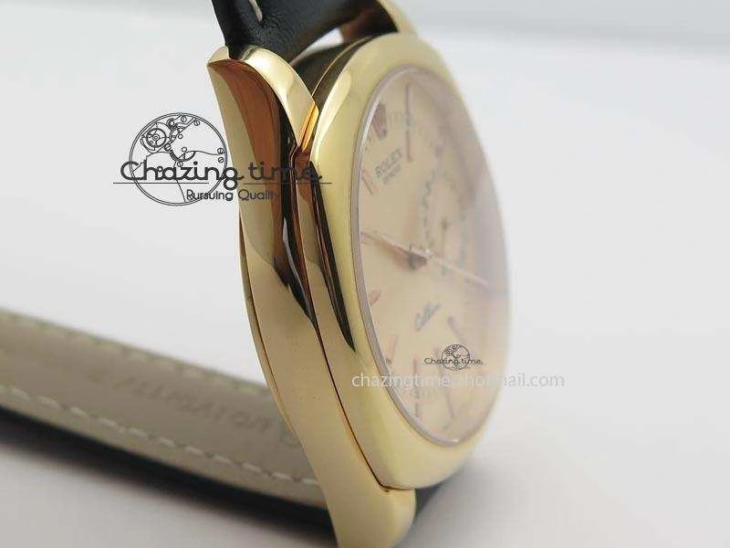 WrinkleFree Cellini Date RG Rose Gold Dial Stick Markers On Black Leather Strap A 3873