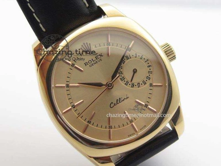 WrinkleFree Cellini Date RG Rose Gold Dial Stick Markers On Black Leather Strap A 3873
