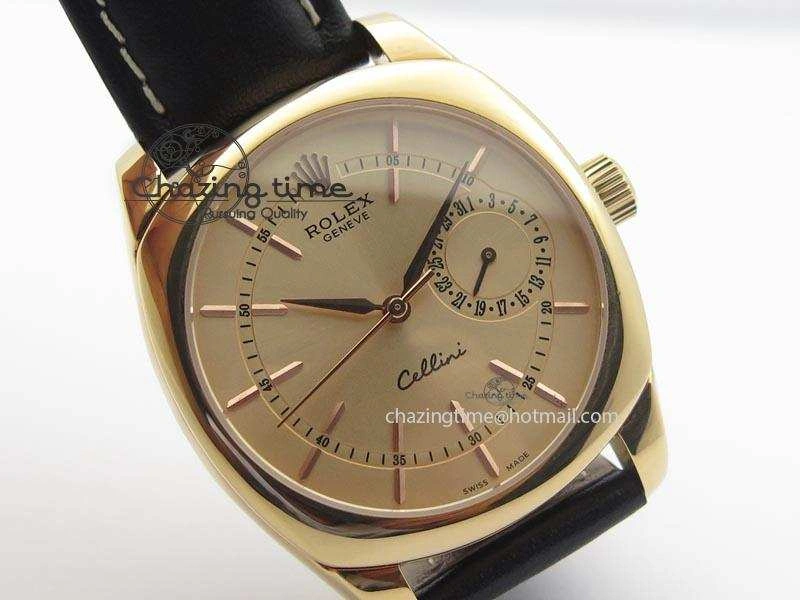 WrinkleFree Cellini Date RG Rose Gold Dial Stick Markers On Black Leather Strap A 3873