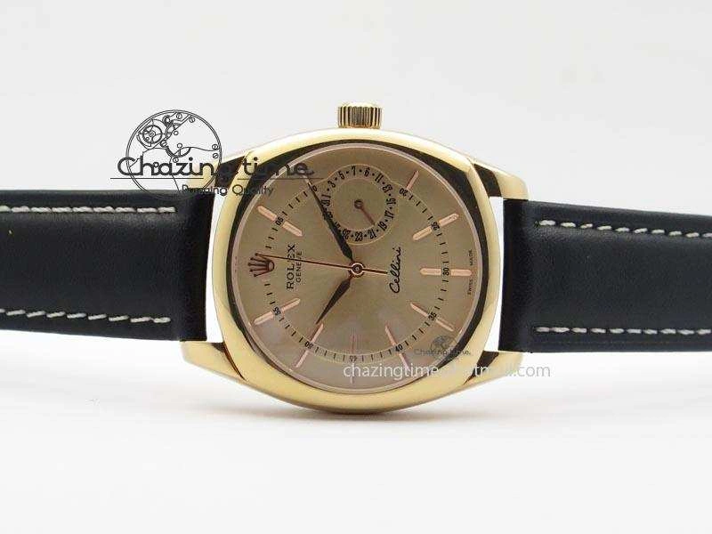 WrinkleFree Cellini Date RG Rose Gold Dial Stick Markers On Black Leather Strap A 3873