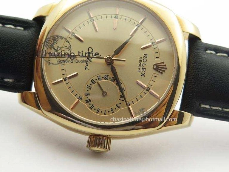 WrinkleFree Cellini Date RG Rose Gold Dial Stick Markers On Black Leather Strap A 3873