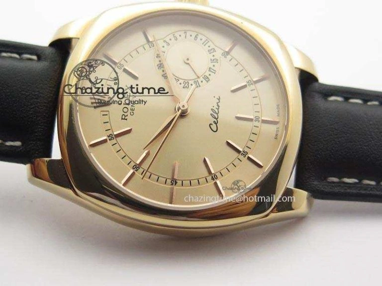 WrinkleFree Cellini Date RG Rose Gold Dial Stick Markers On Black Leather Strap A 3873