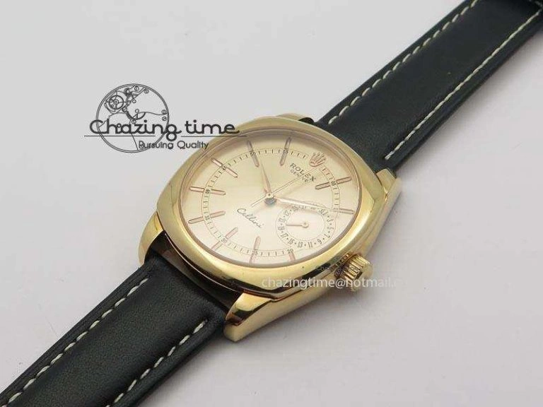 WrinkleFree Cellini Date RG Rose Gold Dial Stick Markers On Black Leather Strap A 3873