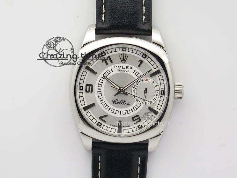 Chic Cellini Date SS White Dial Numeral And Stick Markers On Black Leather Strap A 3889