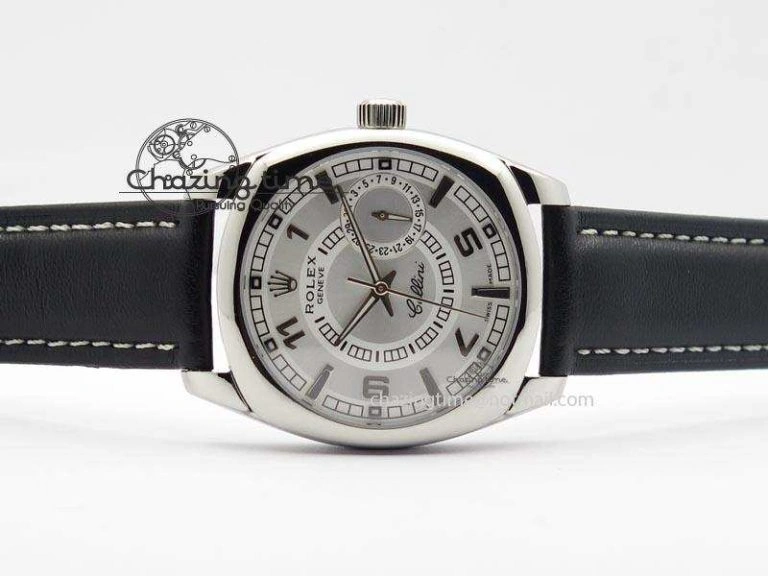 Chic Cellini Date SS White Dial Numeral And Stick Markers On Black Leather Strap A 3889