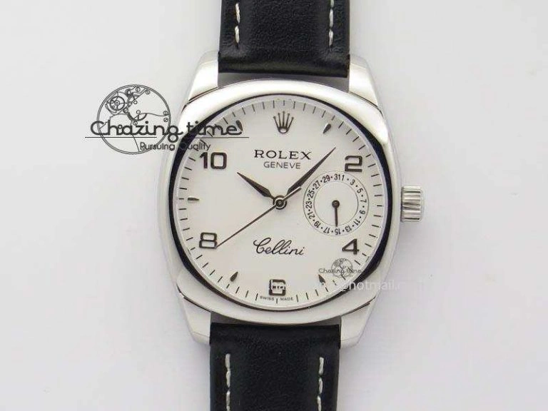 Versatile Cellini Date SS White Numeral Dial On Black Leather Strap A 3888