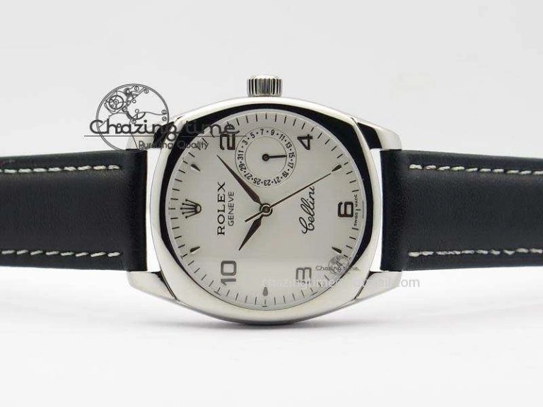 Versatile Cellini Date SS White Numeral Dial On Black Leather Strap A 3888