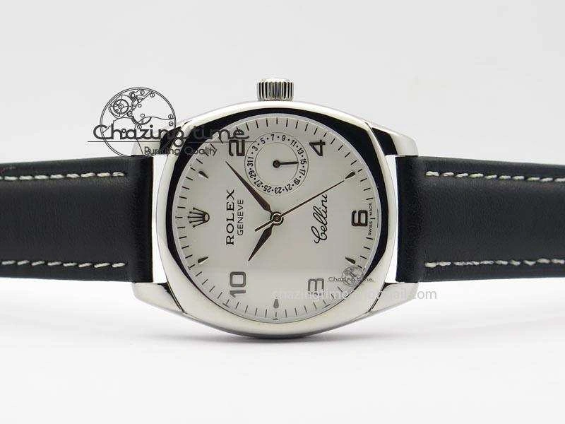 Versatile Cellini Date SS White Numeral Dial On Black Leather Strap A 3888