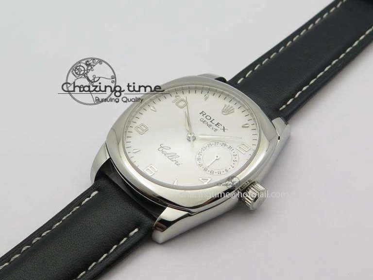 Versatile Cellini Date SS White Numeral Dial On Black Leather Strap A 3888