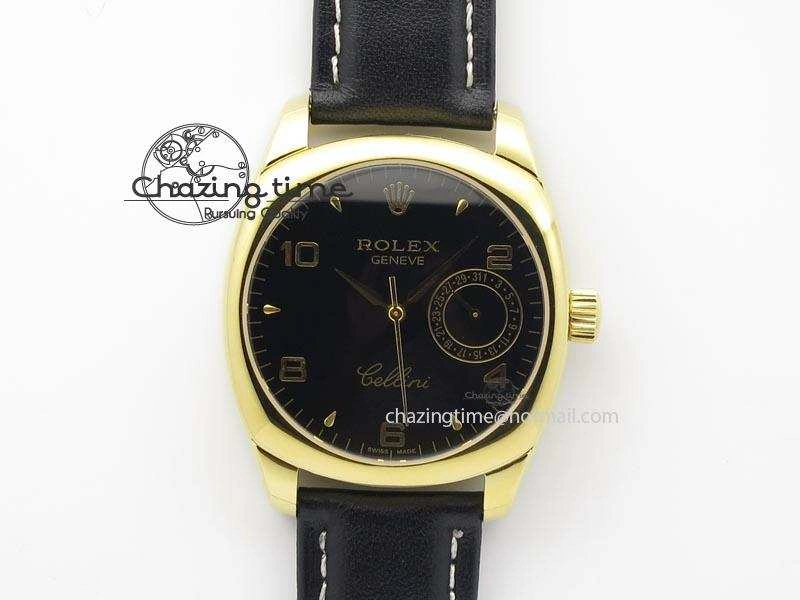 Cellini Date YG Black Dial Numeral Markers On Black Leather Strap A Bold 3879
