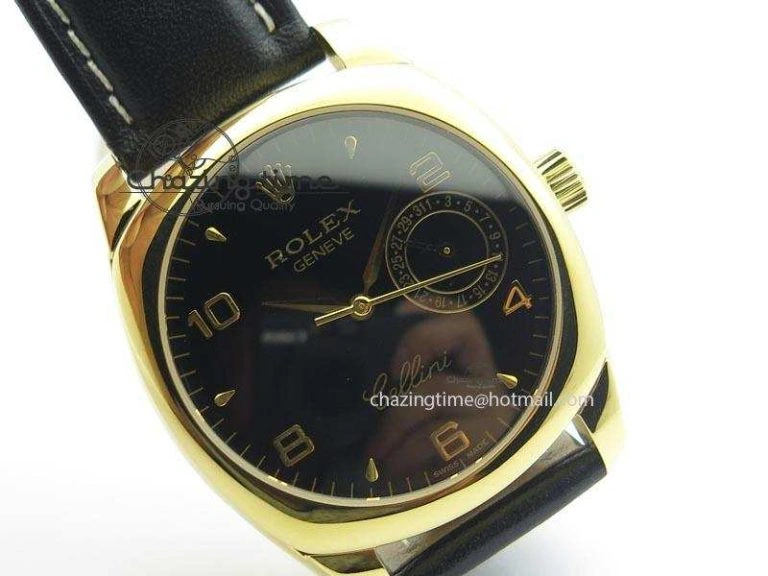 Cellini Date YG Black Dial Numeral Markers On Black Leather Strap A Bold 3879