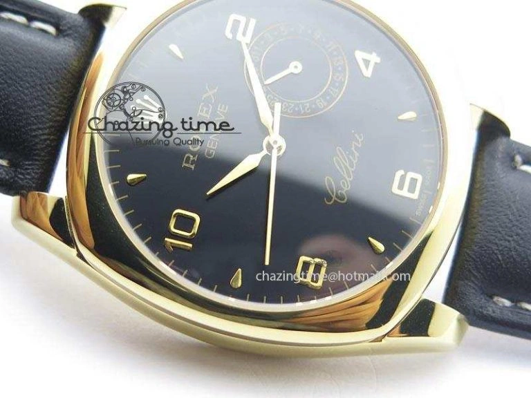 Cellini Date YG Black Dial Numeral Markers On Black Leather Strap A Bold 3879