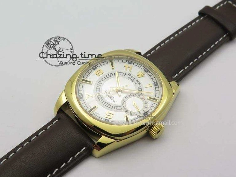 WeatherProof Cellini Date YG White Dial Numeral And Stick Markers On Brown Leather Strap A 3882