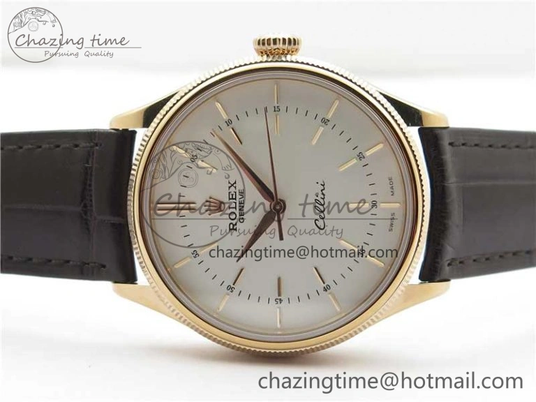 TimelessDesign Cellini RG KZF 1:1 Best Edition White Dial Stick Markers on Brown Leather Strap SA 2779