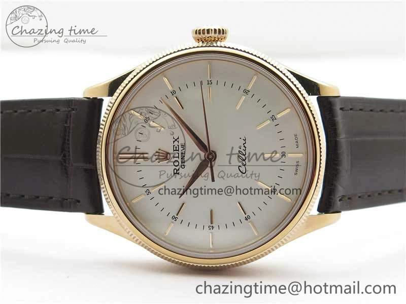 TimelessDesign Cellini RG KZF 1:1 Best Edition White Dial Stick Markers on Brown Leather Strap SA 2779