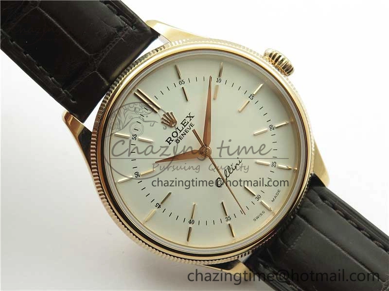 TimelessDesign Cellini RG KZF 1:1 Best Edition White Dial Stick Markers on Brown Leather Strap SA 2779