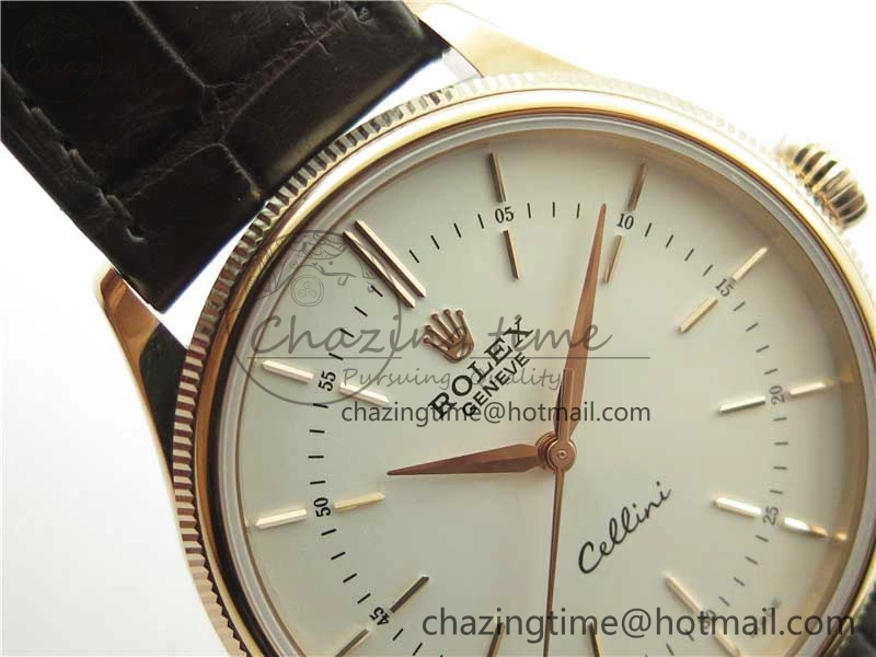 TimelessDesign Cellini RG KZF 1:1 Best Edition White Dial Stick Markers on Brown Leather Strap SA 2779