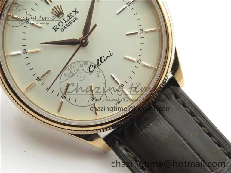 TimelessDesign Cellini RG KZF 1:1 Best Edition White Dial Stick Markers on Brown Leather Strap SA 2779